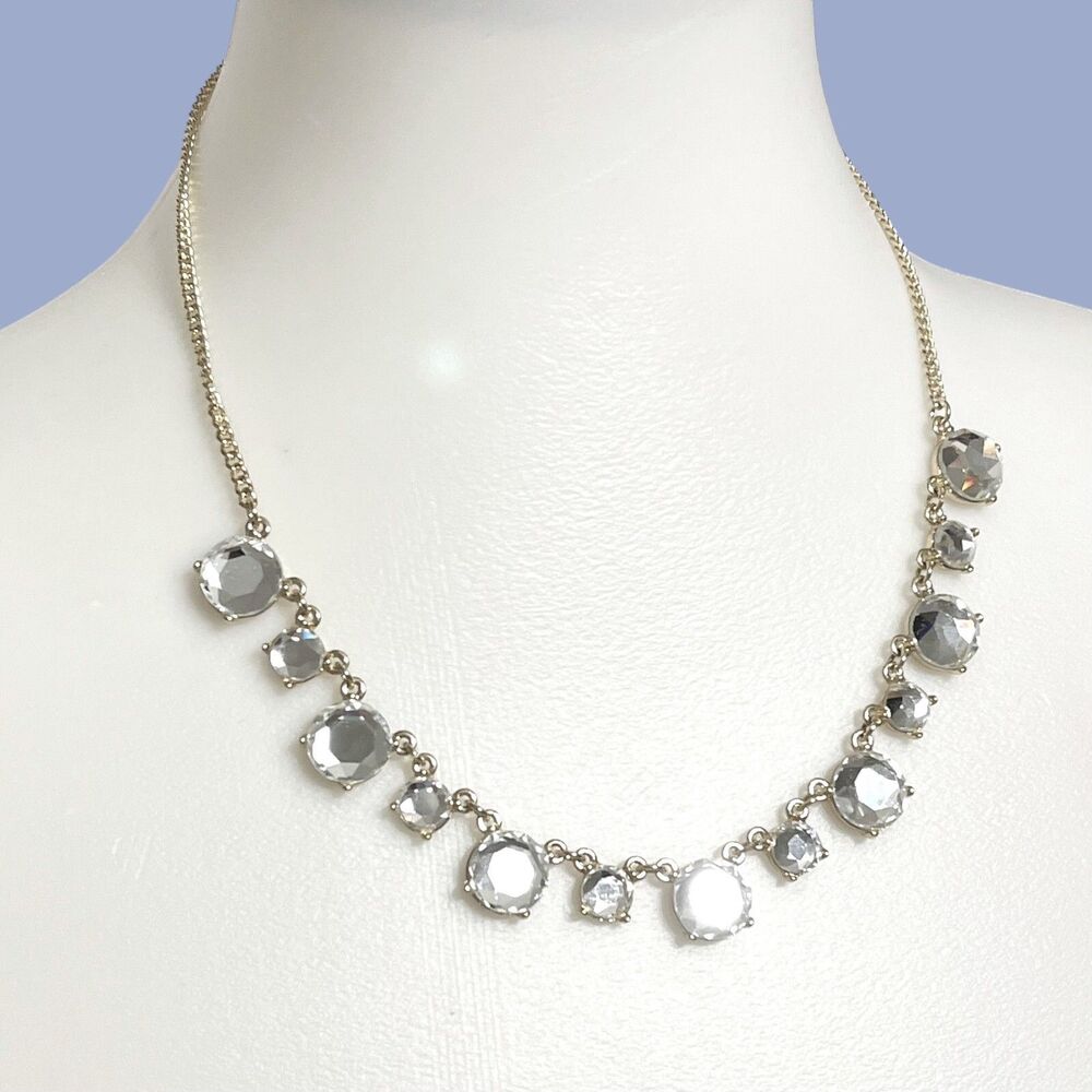 Gold Tone Rhinestone Bib Necklace Round Linked Bling Fashion Sparkle Jewelry